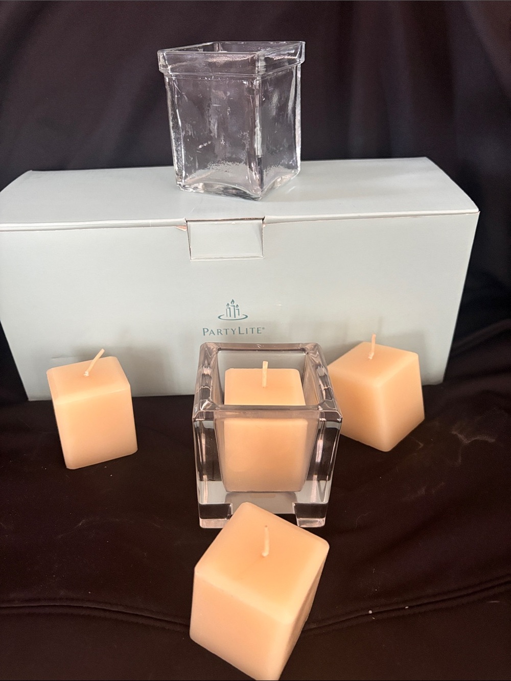 PartyLite Peach Square Votive Set with Clear Glass Holder - Cream